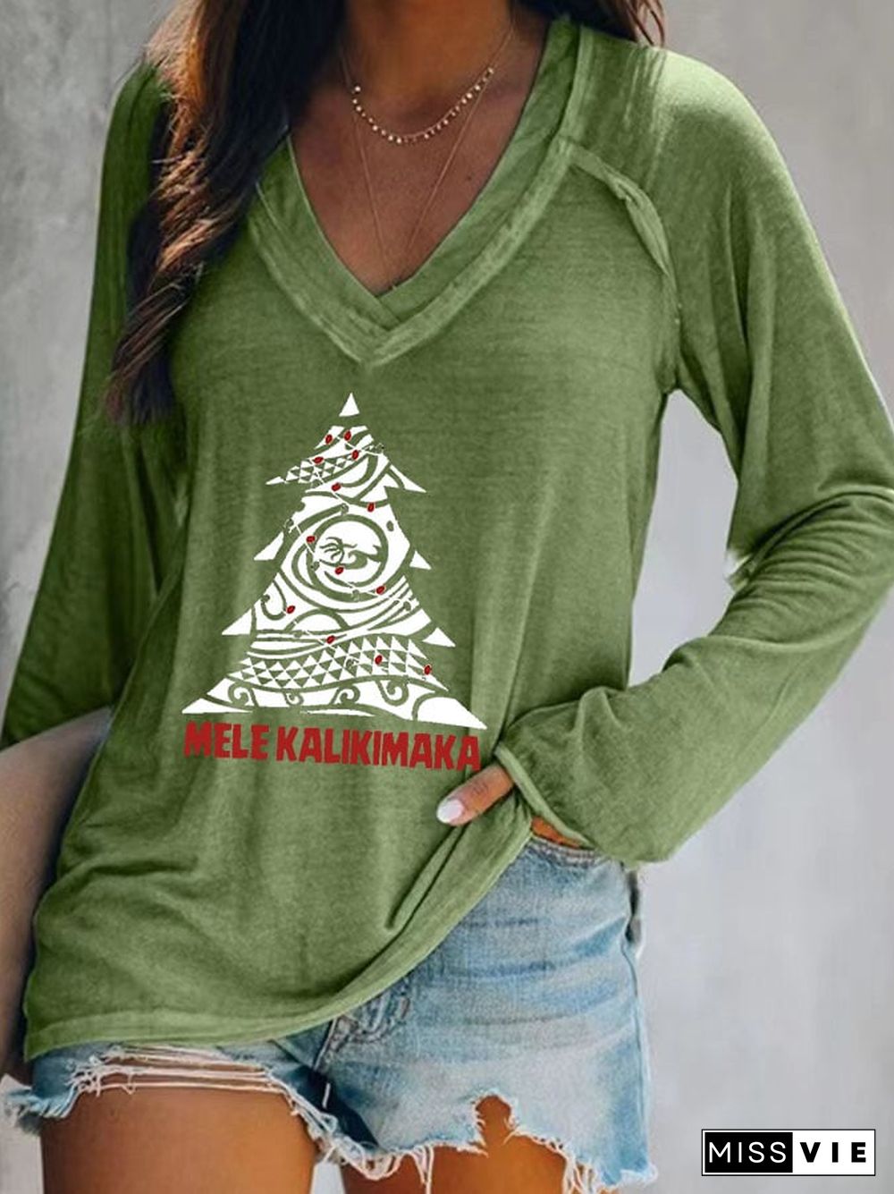 Women's Casual Mele Kalikimaka Print Long Sleeve T-Shirt