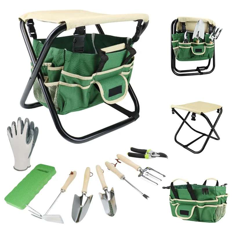 Foldable Chair and Garden tools Set with Kneeler  Nitrile Gloves and tools bag  Stool for Outdoor beach camping Fish Hiking