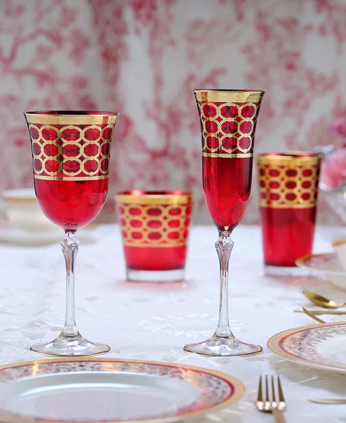 Lorren Home Trends Deep Red Colored White Wine Goblet with Gold-Tone Rings Set of 4