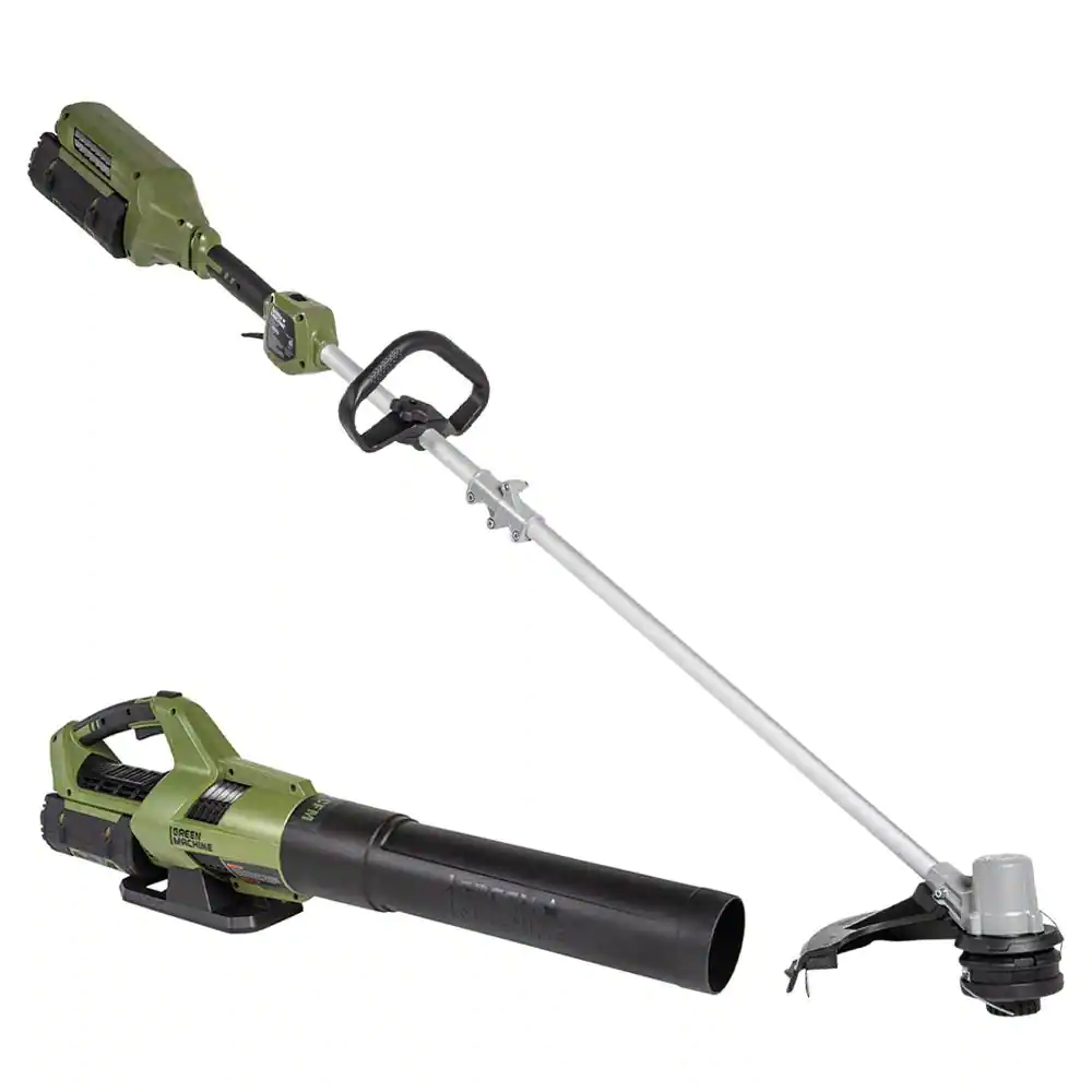 Green Machine 62V 2-Tool Combo Kit: 600 CFM， 120 MPH Axial Blower， 16 in Brushless String Trimmer， 4Ah battery， Rapid Charger (4 pcs)