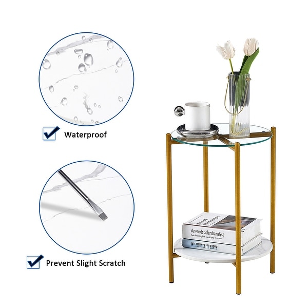 2-layer End Table with Tempered Glass and Marble Tabletop