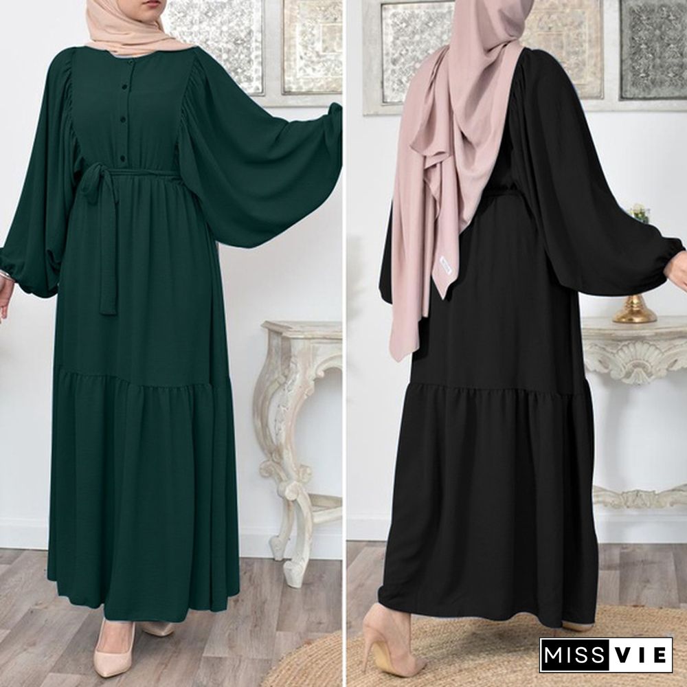 Women Casual Solid Belt Kaftan Muslim Button Down Party Puff Sleeve Spring Long Maxi Shirt Dress