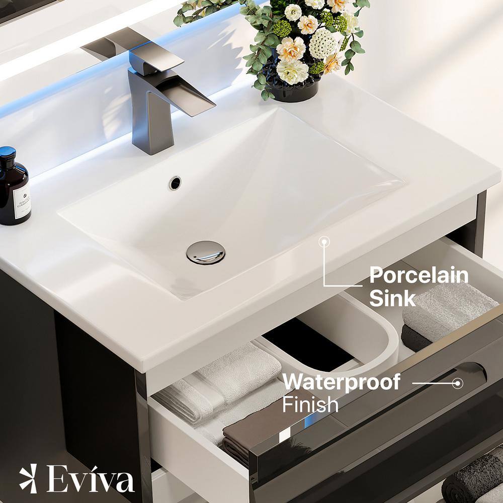 Eviva Joyous  32 in. W x 18 in. D x 22.5 in. H Floating Bath Vanity in Black with White Porcelain Top EVVN23-32BLK-WMN