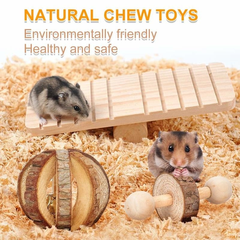 Hamster Chew Toys Natural Wooden Dumbbells Exercise Bell Roller Teeth Care Molar Toy for Rabbits Bird Bunny