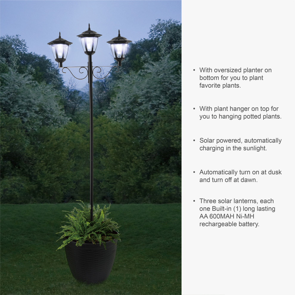 74 quotH Solar Three Head Street Light With a Planter Pot   Mediterranean   Post Lights   by Glitzhome  Houzz