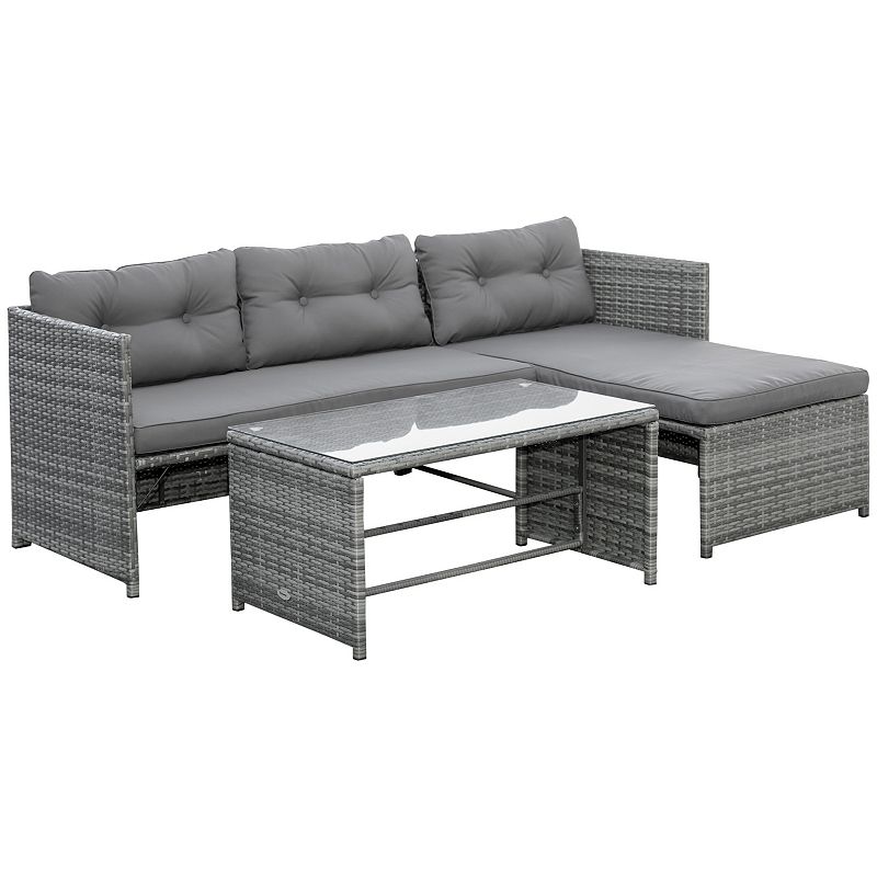 Outsunny 3-Piece Outdoor PE Rattan Wicker Patio Furniture Set， Cushions， Throw Pillows， 1 Chaise Lounge Section， 1 Single-Armed Loveseat， 1 Long Tempered Glass Center Coffee Table， Charcoal