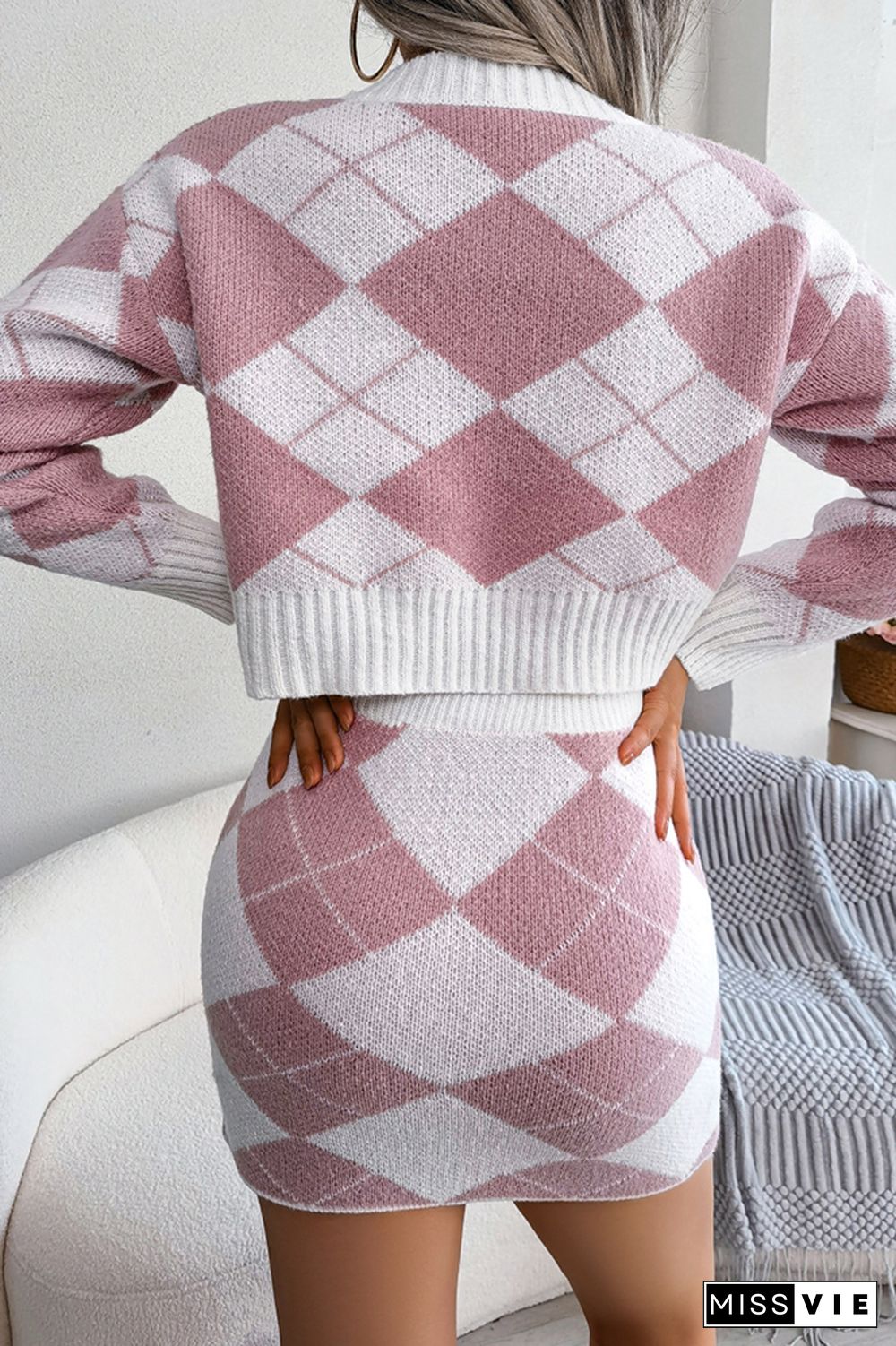 Geometric Diamond Knit Sweater Top and Skirt 2pcs Set