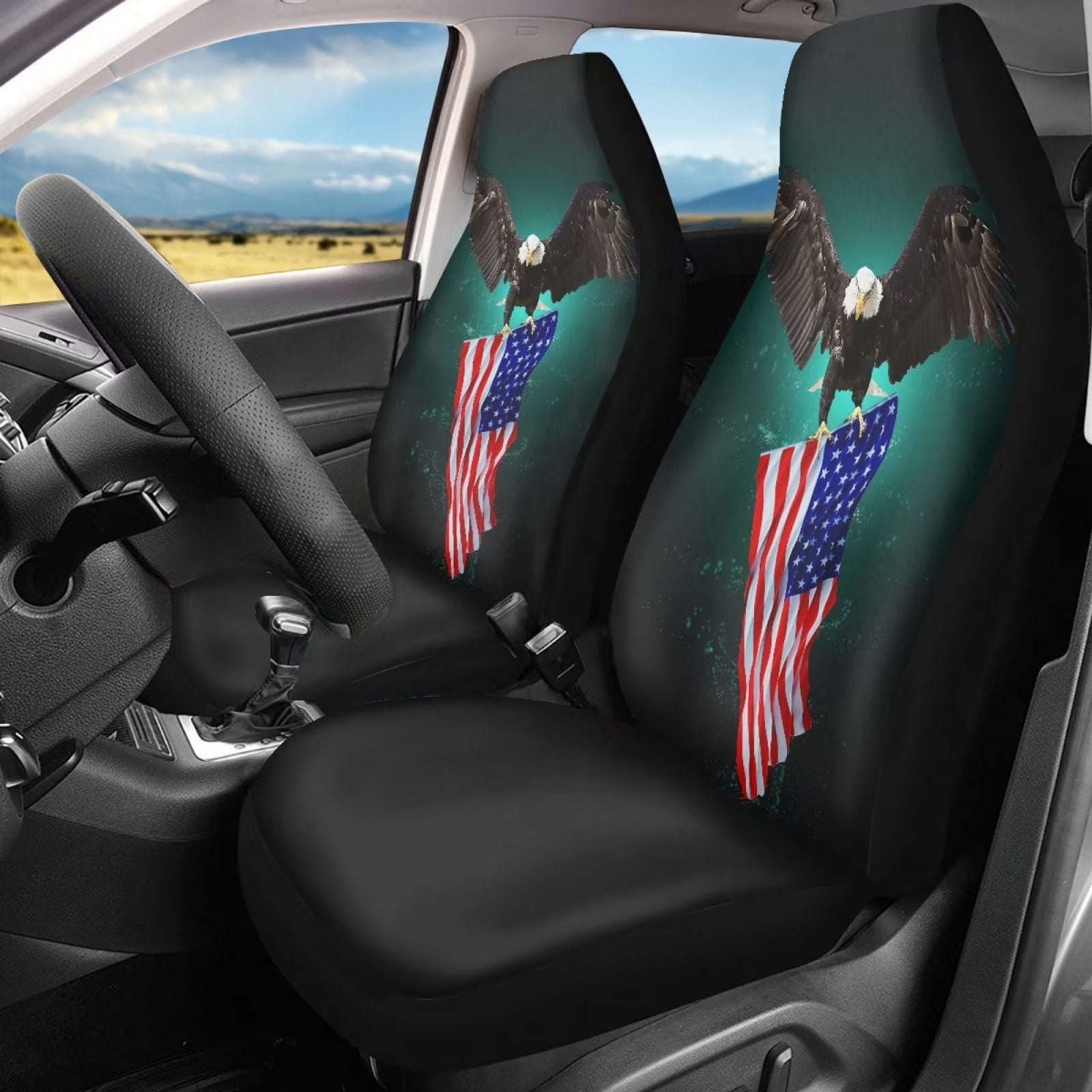 NETILGEN American Eagle Flag Pattern Car Covers Set 2 Pieces Set Wear-Resistant Car Front Seat Covers for Men Women Soft Bucket Saddle Blanket Protector