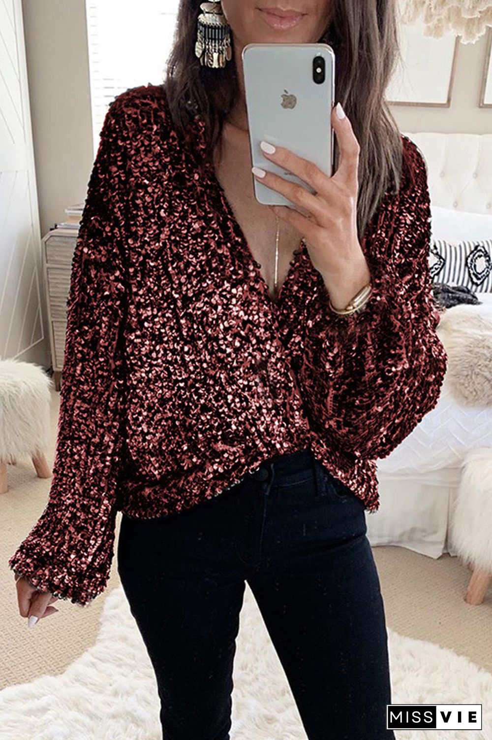 Sequin Stitching Wrap Blouse