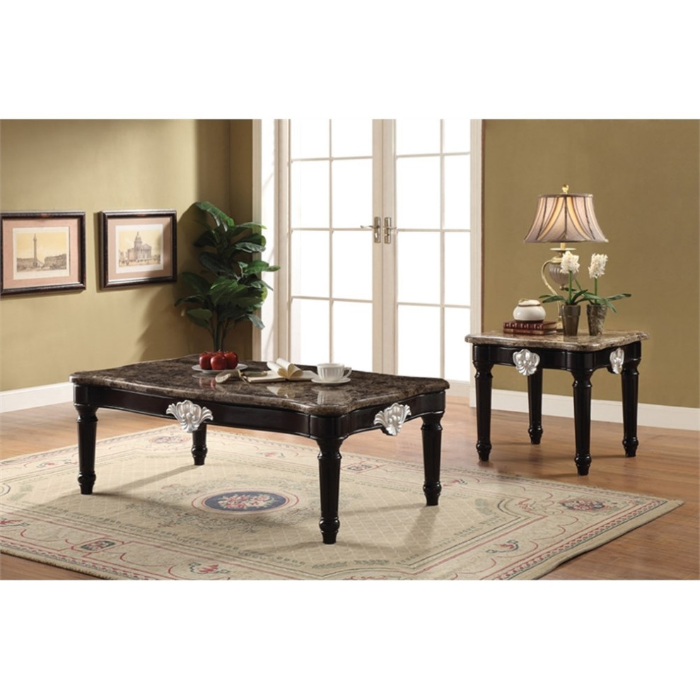 ACME Ernestine Marble Top End Table with Carved in Black   Traditional   Side Tables And End Tables   by Homesquare  Houzz