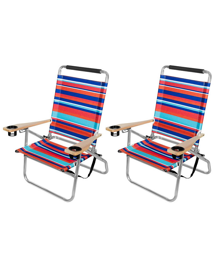 Garden Elements Foldable Reclining Aluminum Beach Chairs With Cupholders and Carrying Strap Multicolor Pack of 2