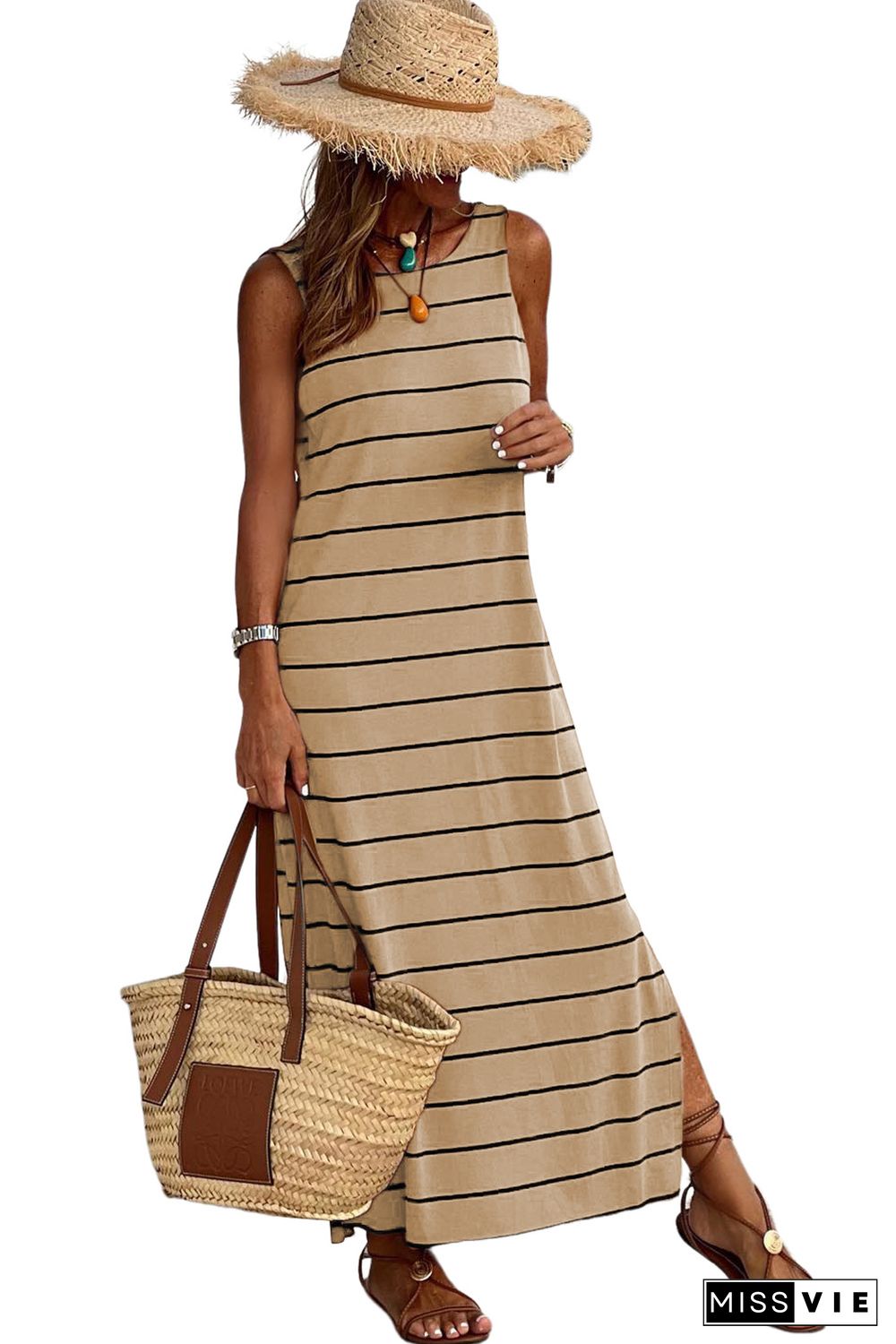 Khaki Stripe Print Open Back Sleeveless Maxi Dress with Slits