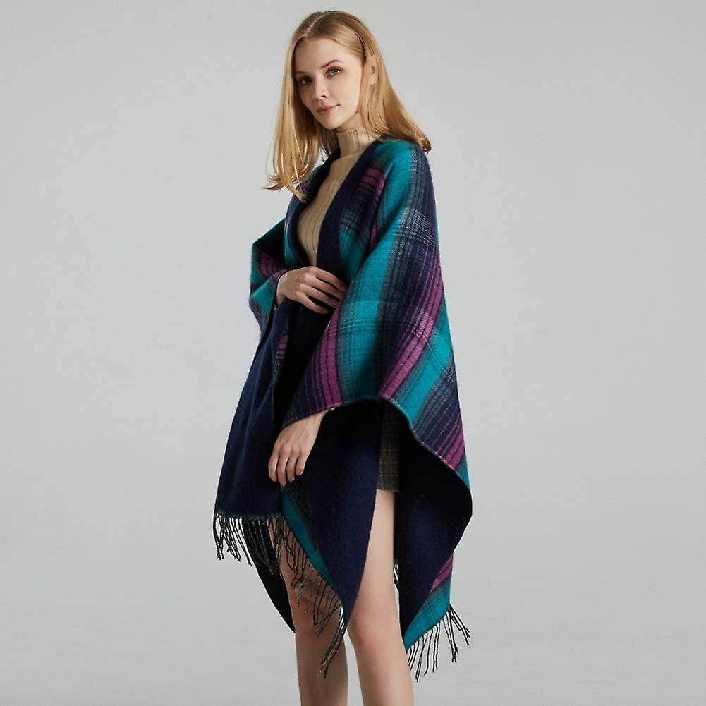 Women's Tassel Plaid Poncho Pashmina Shawl Wrap Cape Sweater Purple -