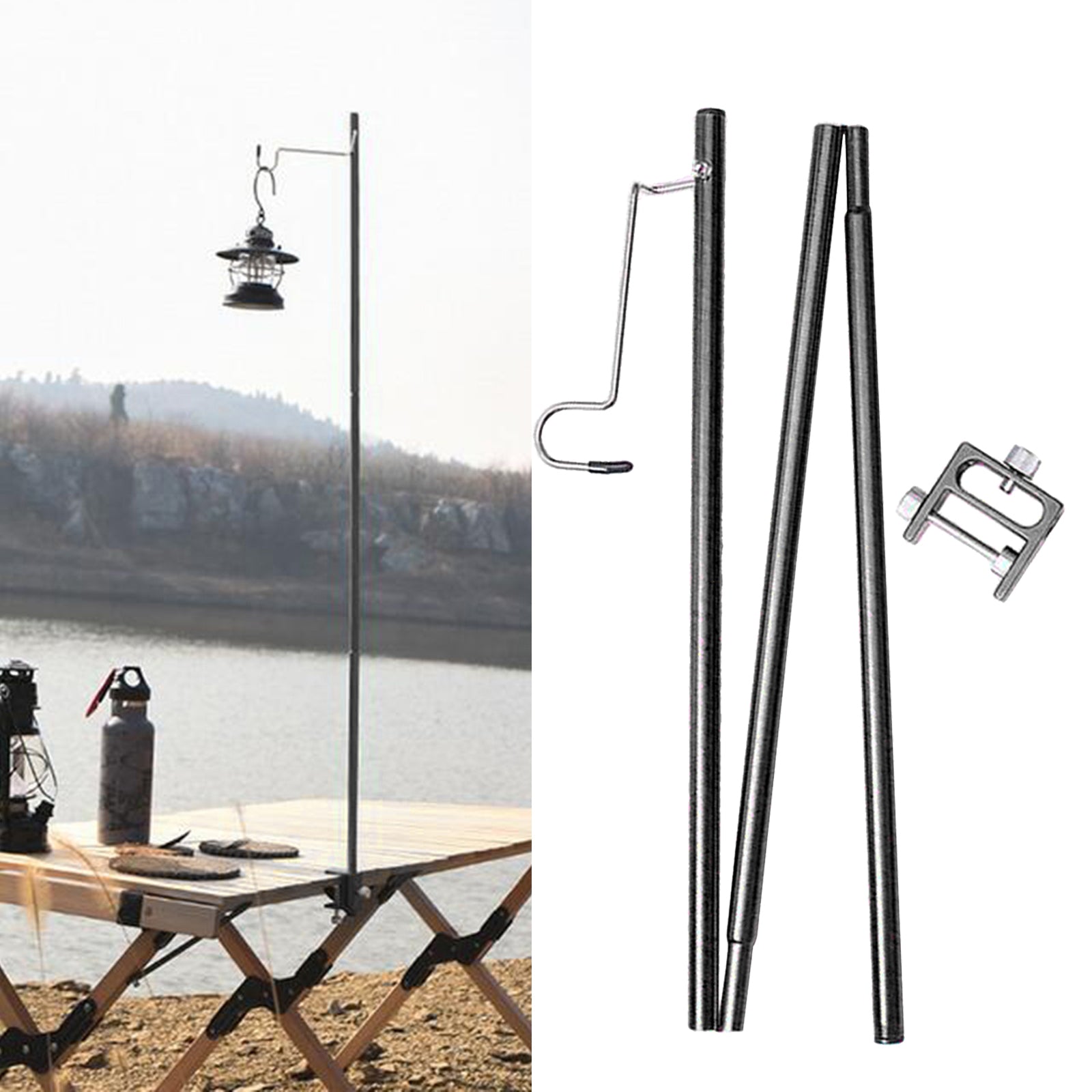 Outdoor Camp Folding Lamp Post Pole Hanging Light Holder Stand Single Hook Red Black