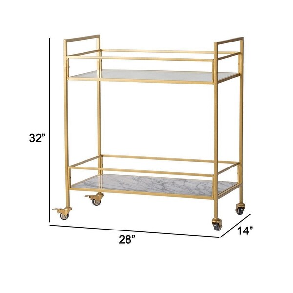 28 Inch Rolling Bar Cart， Modern， 2 Tier， Caster Wheels Glass Shelves， Gold - 32 H x 14 W x 28 L Inches