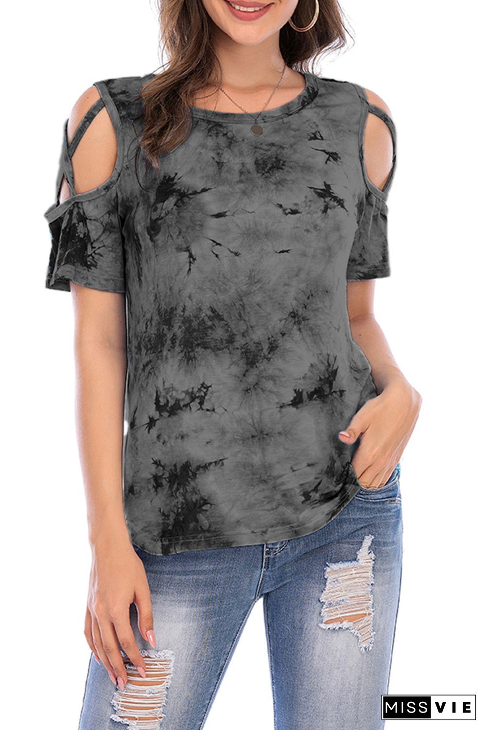 Criss-Cross Short Sleeve Crew Neck Tie Dye T-Shirt Wholesale