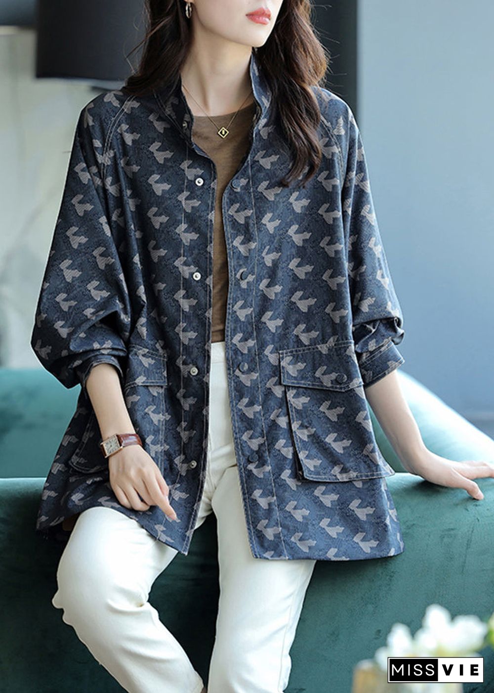 Elegant Blue Stand Collar Print Pockets Coats Long Sleeve