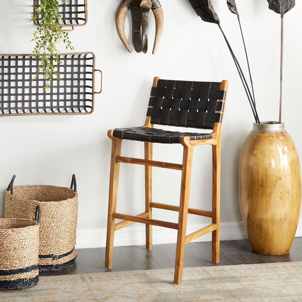 Camel Brown or Black Teak Wood Woven Leather Seat and Back Bar Stool with Beam Footrest   18 x 18 x 40