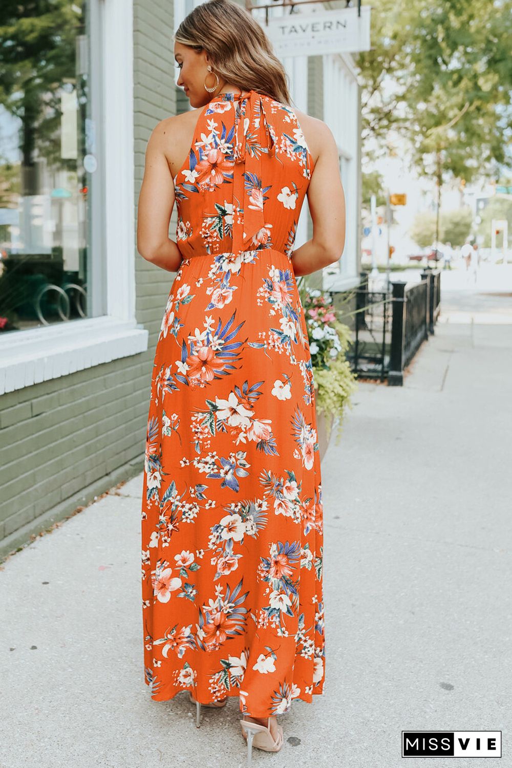 Orange Halter Neck Sleeveless Floral Dress with Slits