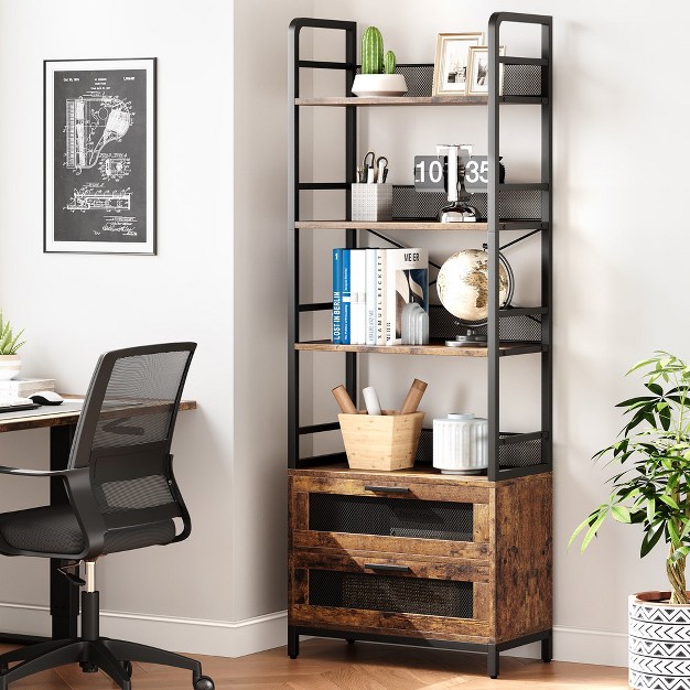 Trinity Bookshelf With Drawers Industrial Bookcase With 4 Tiers Open Storage Shelves For Bedroom Living Room Home Office Brown