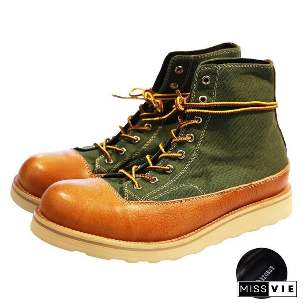 Full Grain Leather Boots Lace Up Designer Ankle Patchwork Italian Short Men Booties Canvas