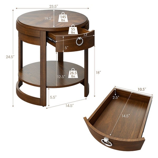 Round Side End Table with Drawer Storage Shelf Accents Nightstand