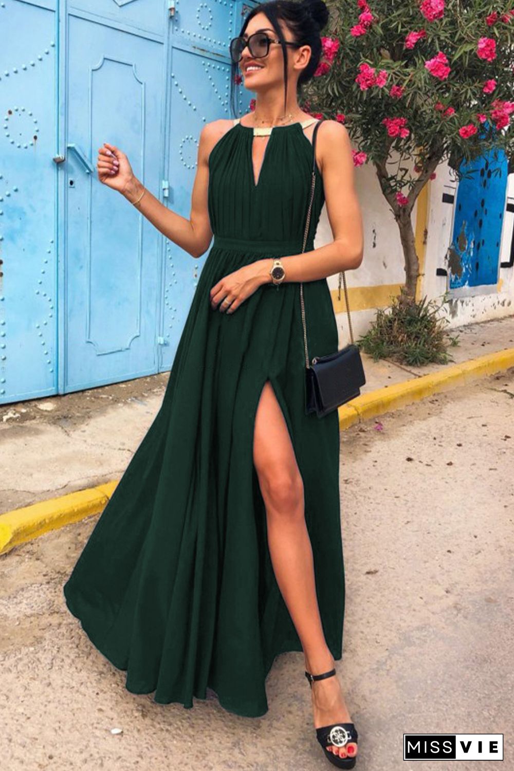 Green Glitter Trim Cutout Strapless Slit Party Dress