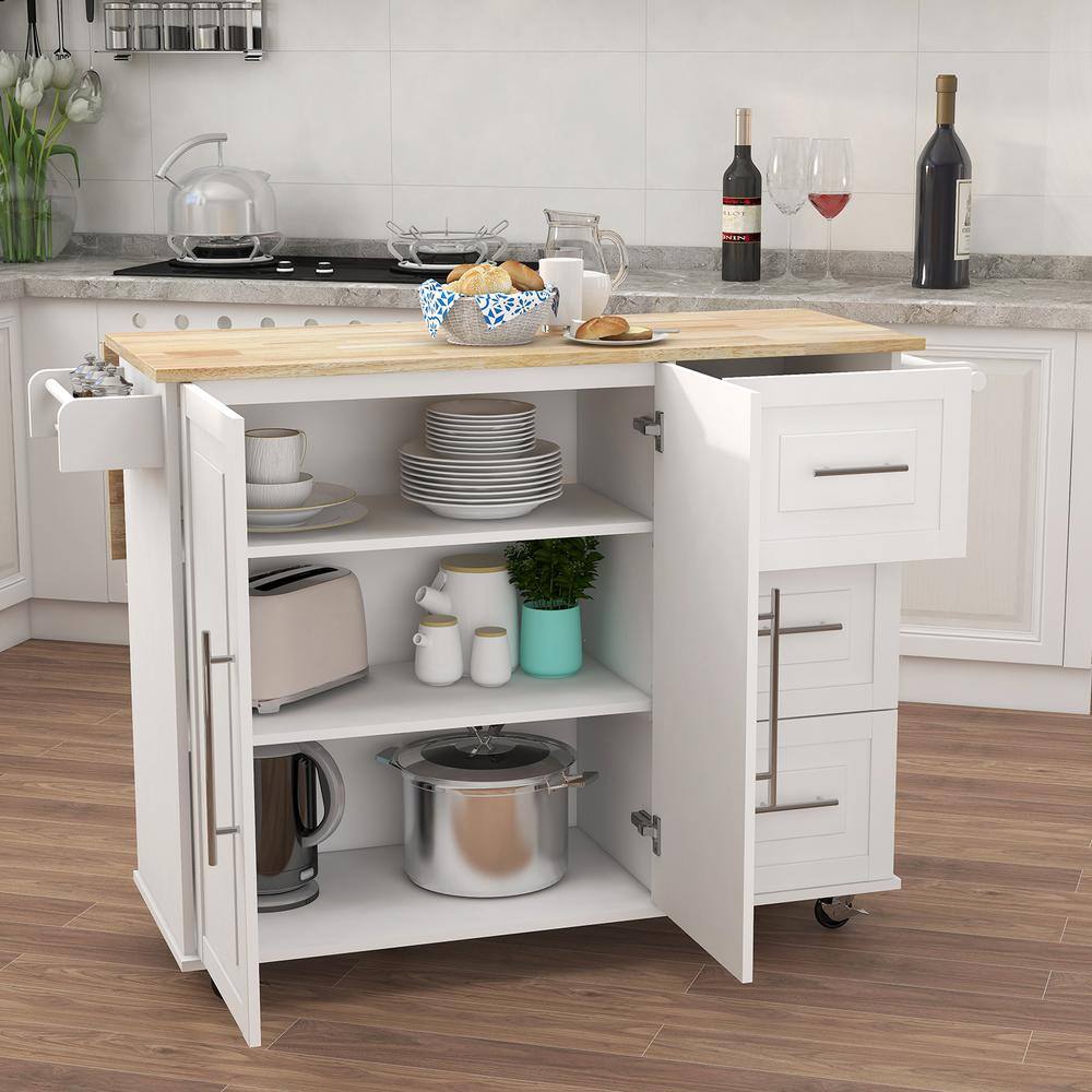 Hooseng Fragemen White Kitchen Island with Drop Leaf and Storage KIMW282S000291