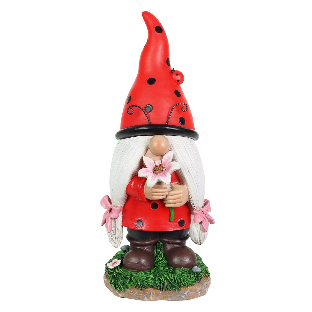 Exhart Solar Ladybug Hat Lady Gnome Statue with Pink Flower  5 by 12.5 Inches