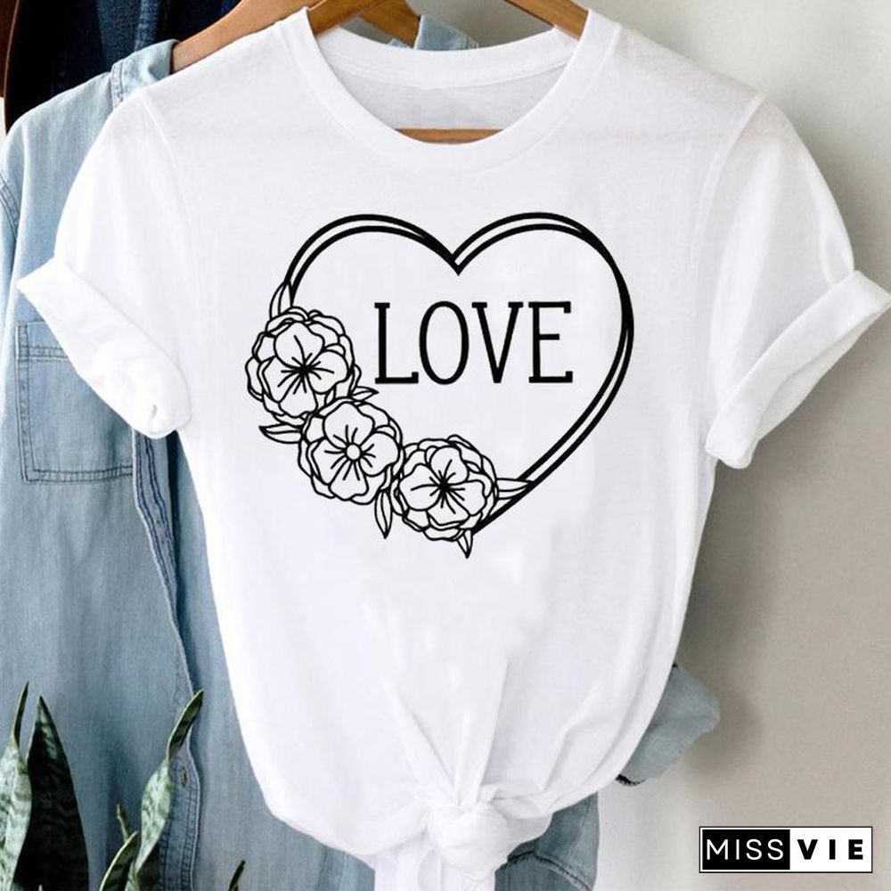 Tee Women Top Leopard Love Heart Cute Clothes Lady Casual Short Sleeve Fashion Summer Tshirt Regular Female Graphic T-Shirt