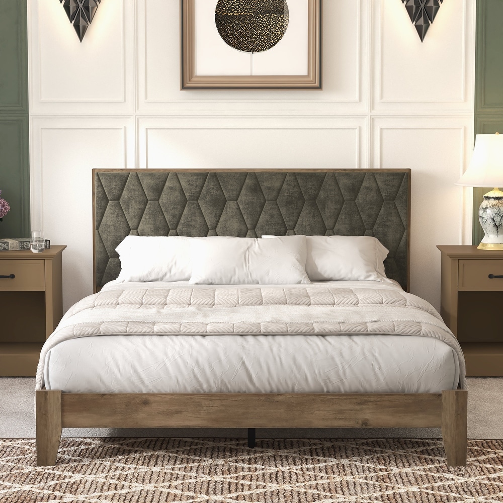 GALANO Tancus Knotty Oak with Velvet Brown Upholstered Queen Platform Bed with Headboard