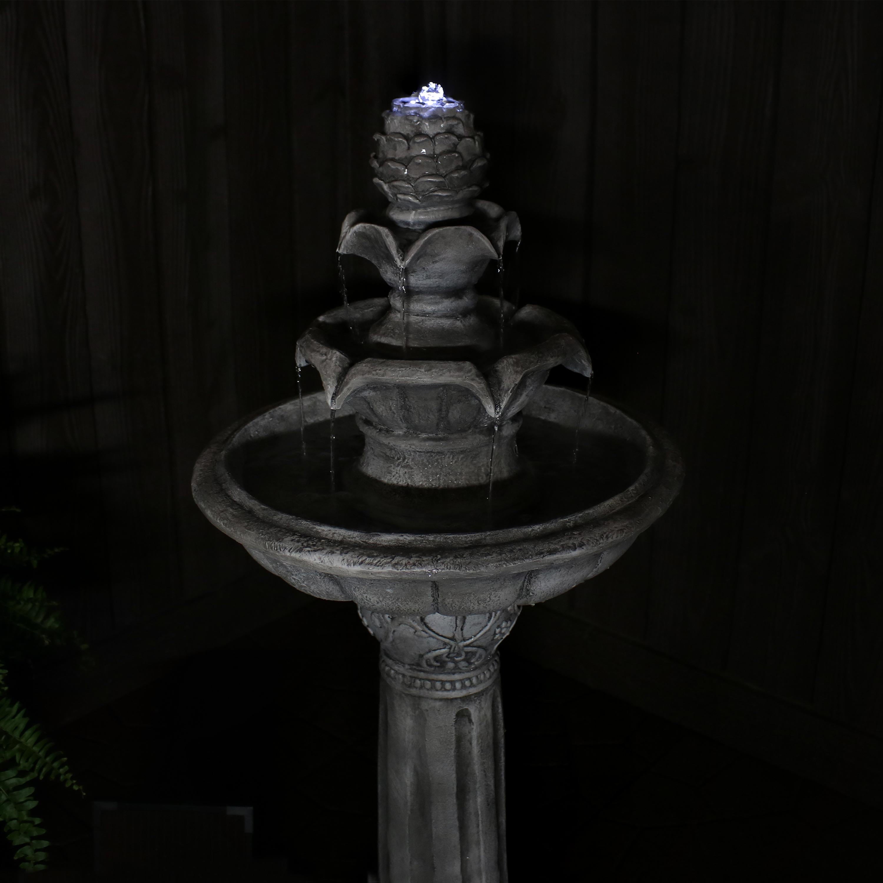 Sunnydaze Outdoor Solar Powered Ornate Elegance Tiered Water Fountain with Battery Backup and LED Light - 41