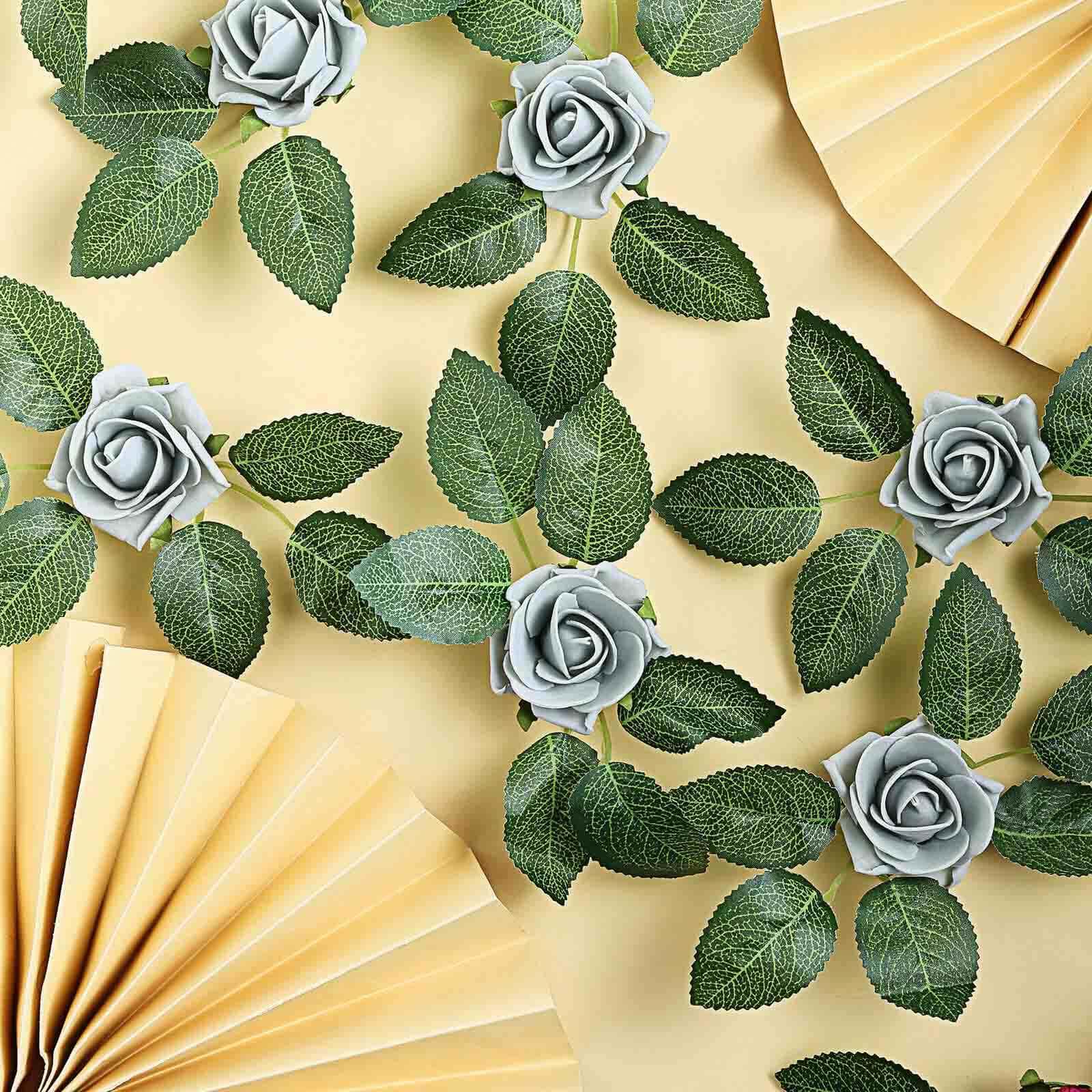 24 Roses Silver Artificial Foam Flowers With Stem Wire and Leaves 2