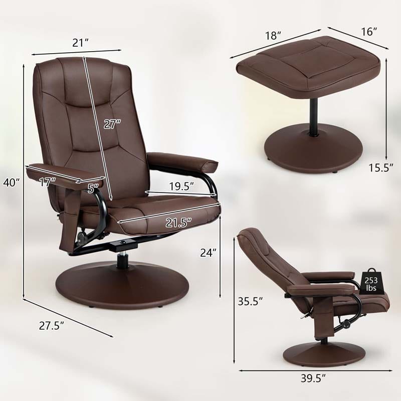 360° Swivel Massage Recliner Chair with Ottoman, Faux Leather Lounge Armchair for Living Room Bedroom Office