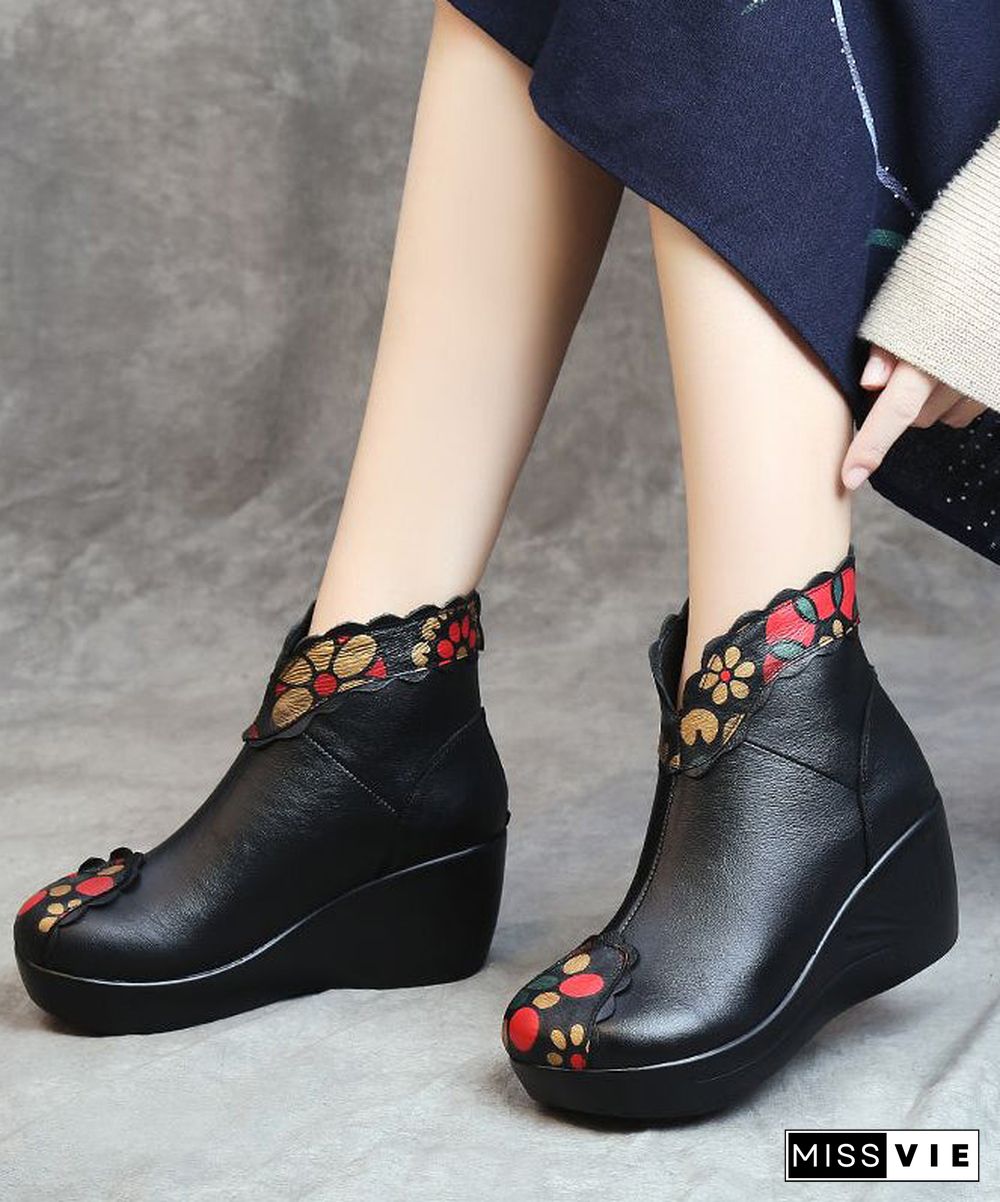 Red Floral Splicing Cowhide Leather Ankle Boots Wedge