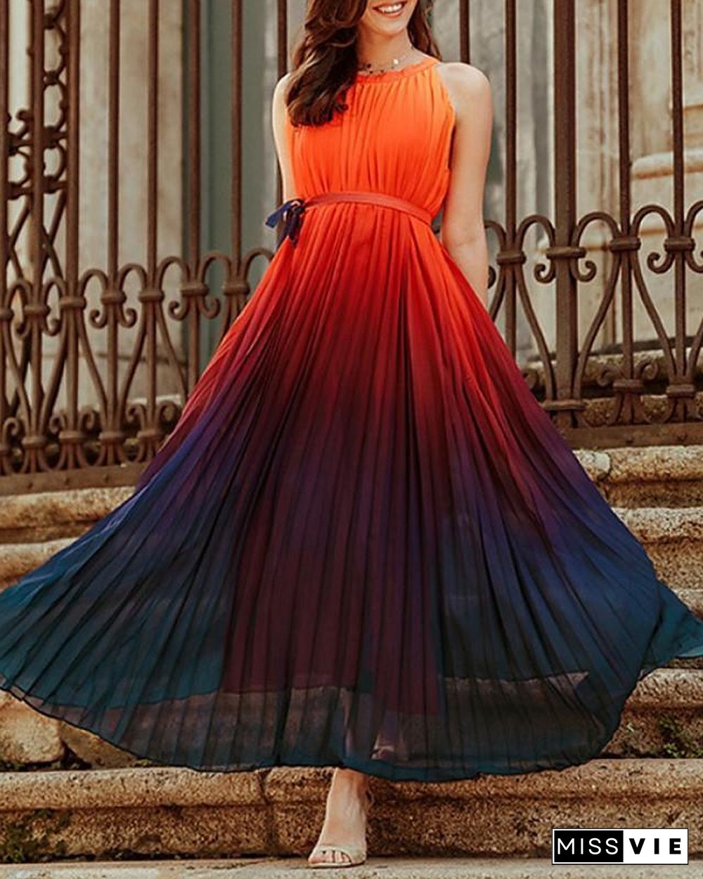 Women's Chiffon Dress Maxi long Dress Sleeveless Color Gradient Summer Work Rainbow S M L XL