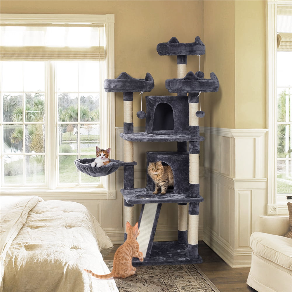 Topeakmart 69'' Large Cat Tree Tower with 2 Condos and Scratching Post， Dark Gray