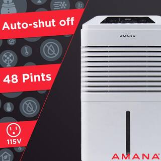 Amana 48 pt. Portable Dehumidifier with Adjustable Humidistat Auto Shut-Off 24-Hour Timer for Bathrooms Basements Bedrooms AMAD481BW