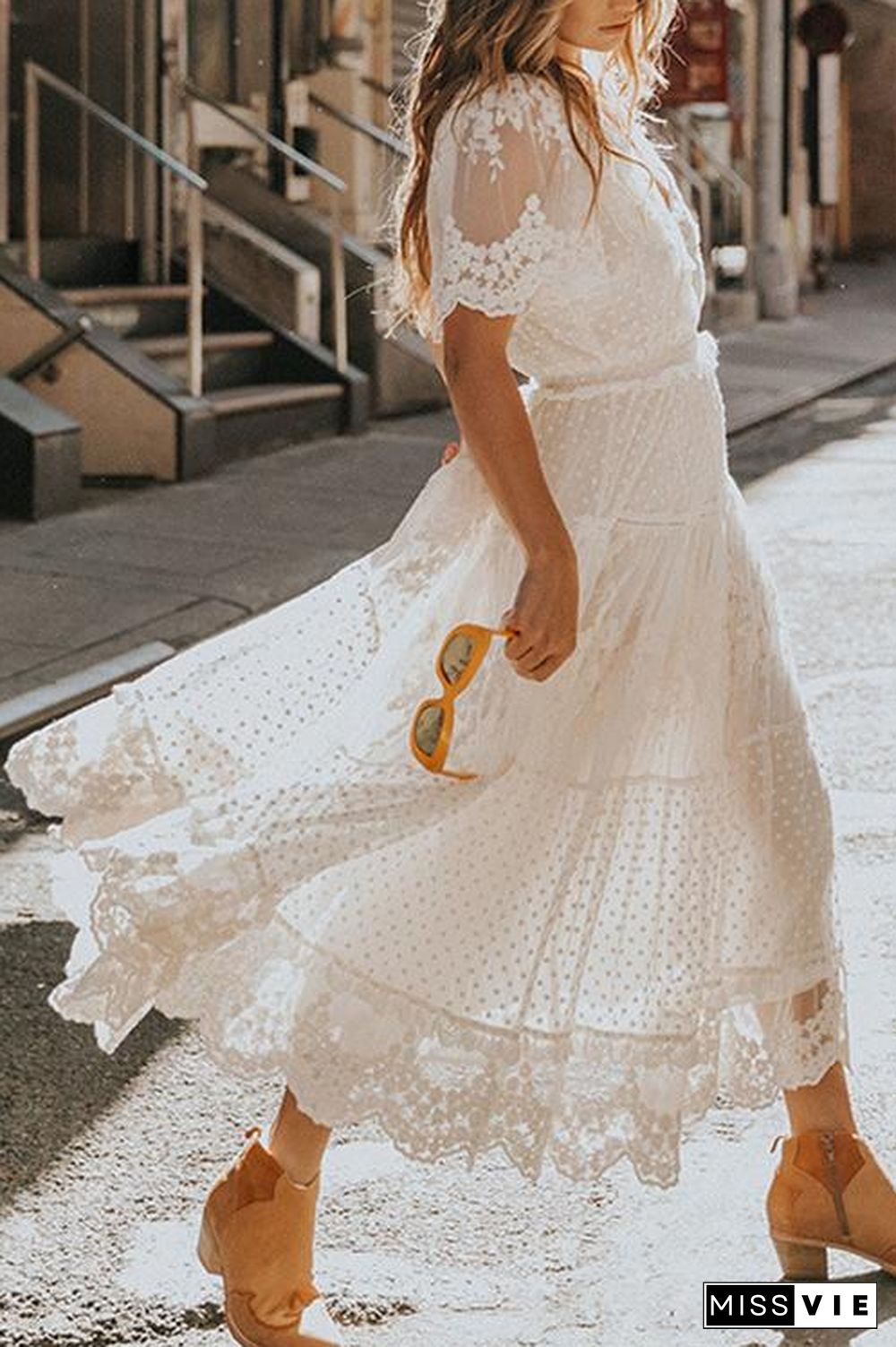 Button Lace V Neck Short Sleeve Maxi Dress