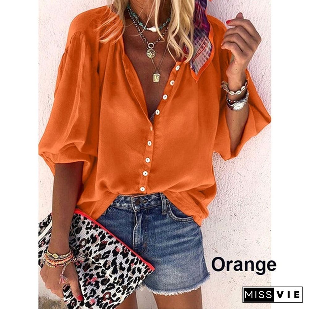 Spring Summer Tops Plus Size Fashion Clothes Women's Causal Long Sleeve Tee Shirts Solid Color Loose T-shirts Ladies Button Up Shirts Deep V-neck Pleated Chiffon Blouses XS-8XL