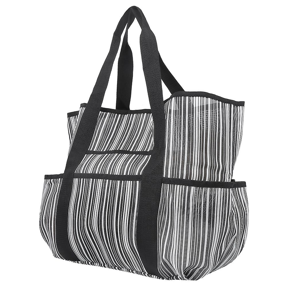 Multifunction Stripe Beach Mesh Bag Fashionable Sandbeach Single Shoulder Storage Handbagblack Stripe