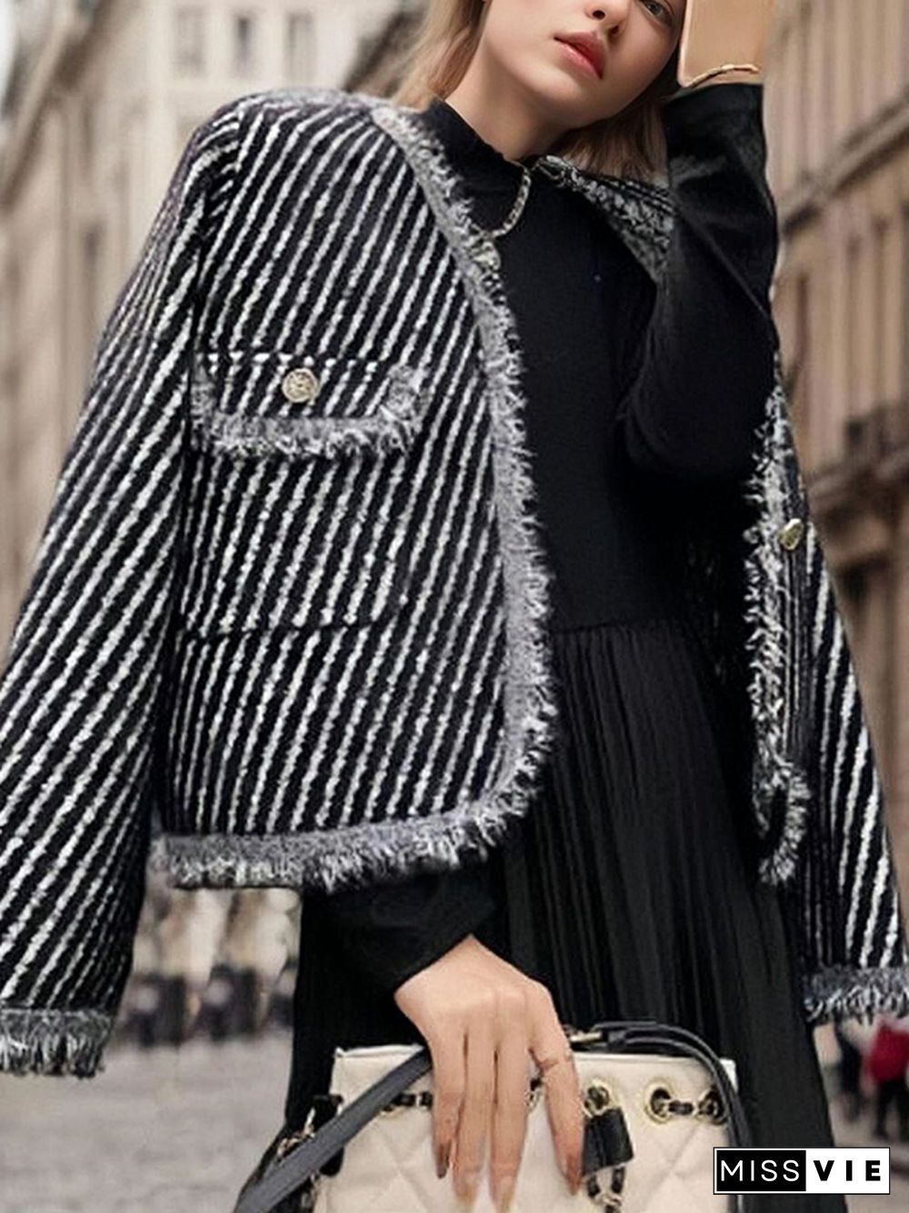 Long Sleeves Loose Fringed Split-Joint Striped Jackets Outerwear