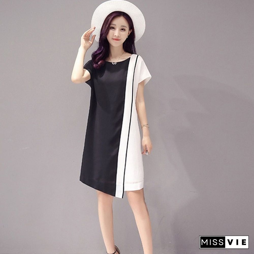 Summer Women Fashion Chiffon Mini Dress Black White Short Sleeve O-Neck Dress