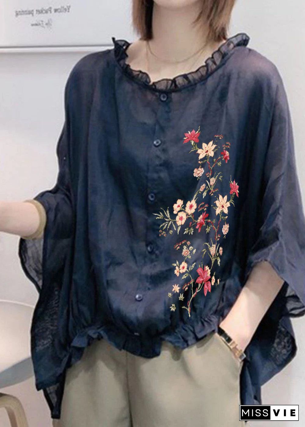 Art Blue-flowers Tops Ruffles Trim Half Sleeve Shirts Blouse Plus Size