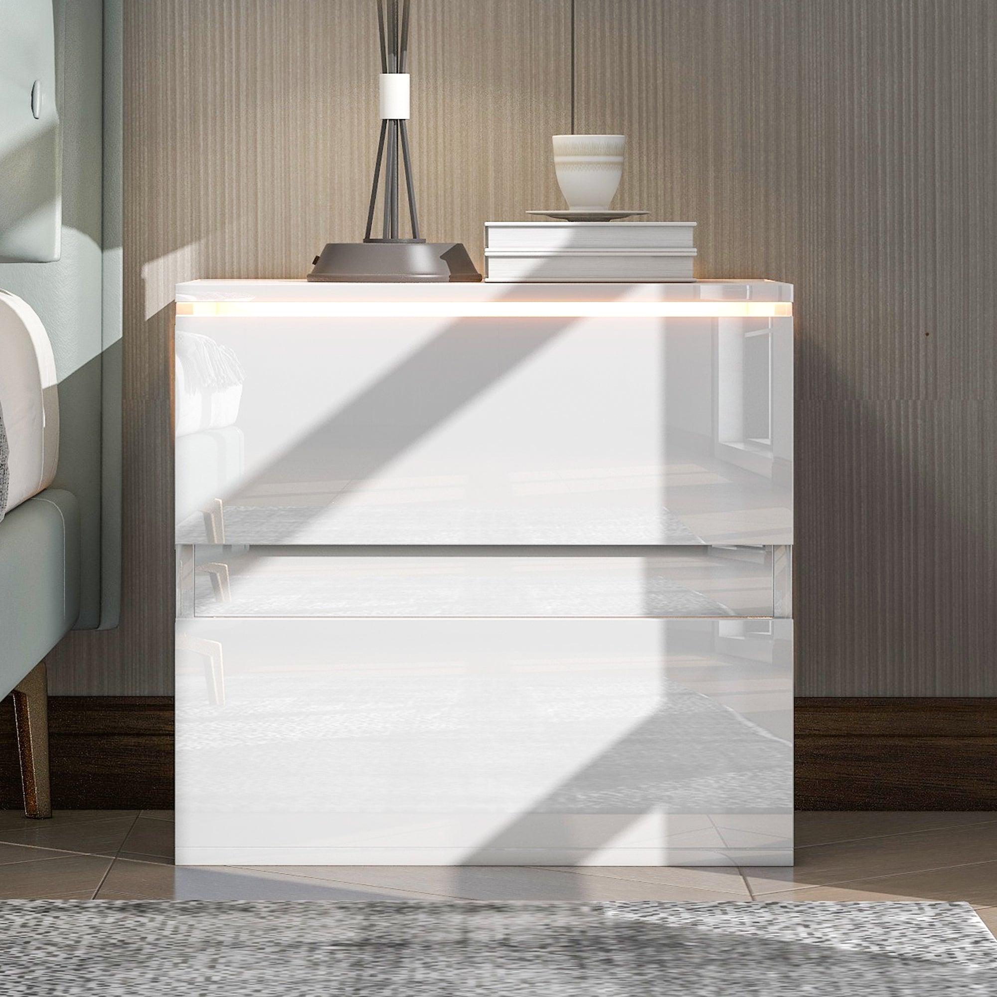 Suzicca Nightstand with 2 Drawers,USB Charging Ports,Wireless Charging and Remote Control -White