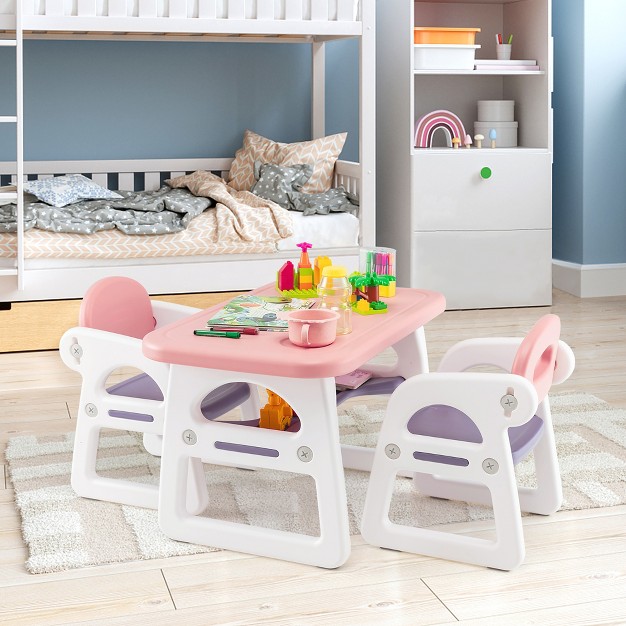 Costway 3 piece Kids Table And Chair Set Toddler Activity Study Desk With Building Blocks