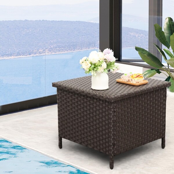 Outdoor PE Wicker Side Table with Storage Patio End Table Resin Rattan Storage Table for Garden Backyard Porch Poolside