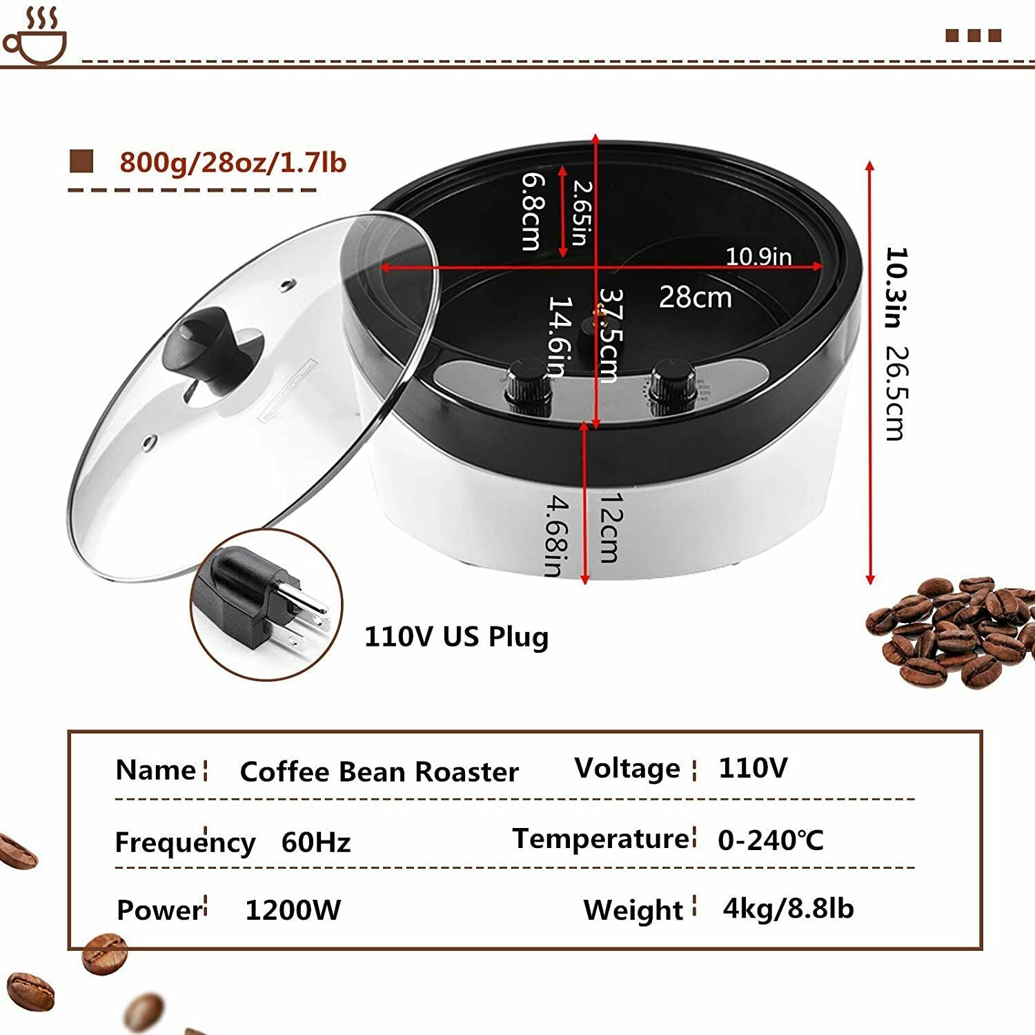 800G Electric Coffee Roaster Machine Commercial Coffee Bean Roaster for Home Use Home Coffee Roaster 1800W 110V