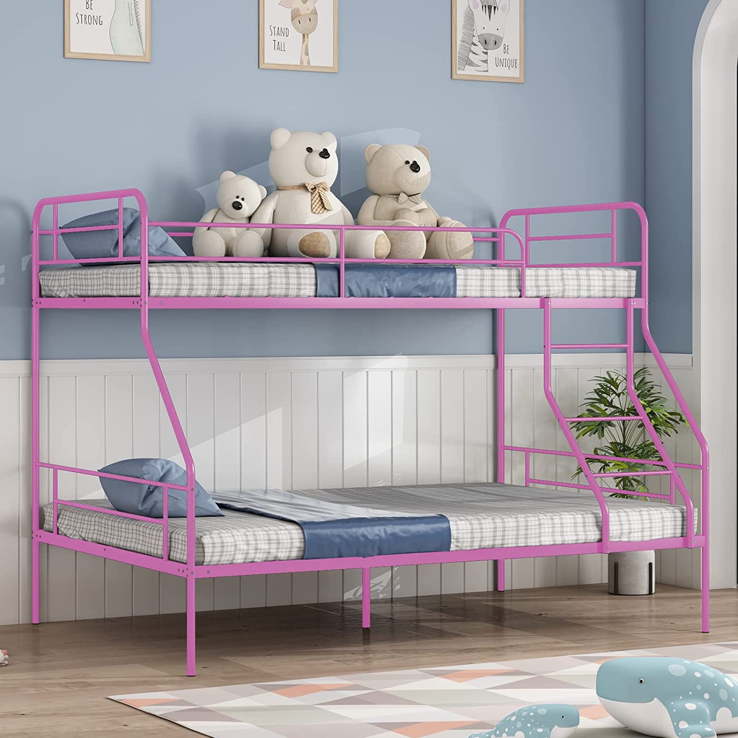 cuoote Twin Over Full Bunk Bed w/Ladder and Guardrail, Space-Saving Design, No Box Spring Needed, Pink