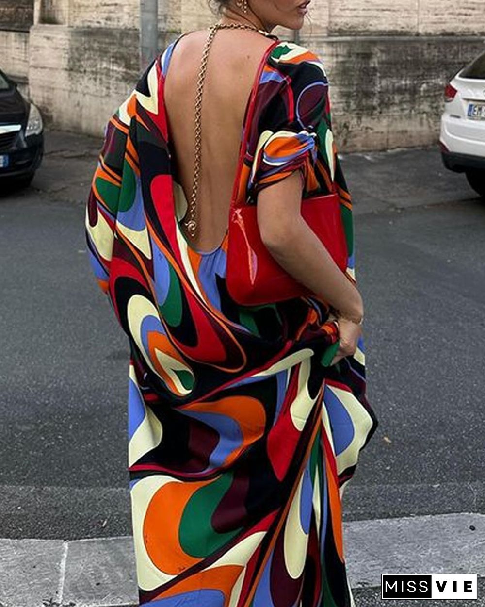 Fashion Graphic Print Backless Dress